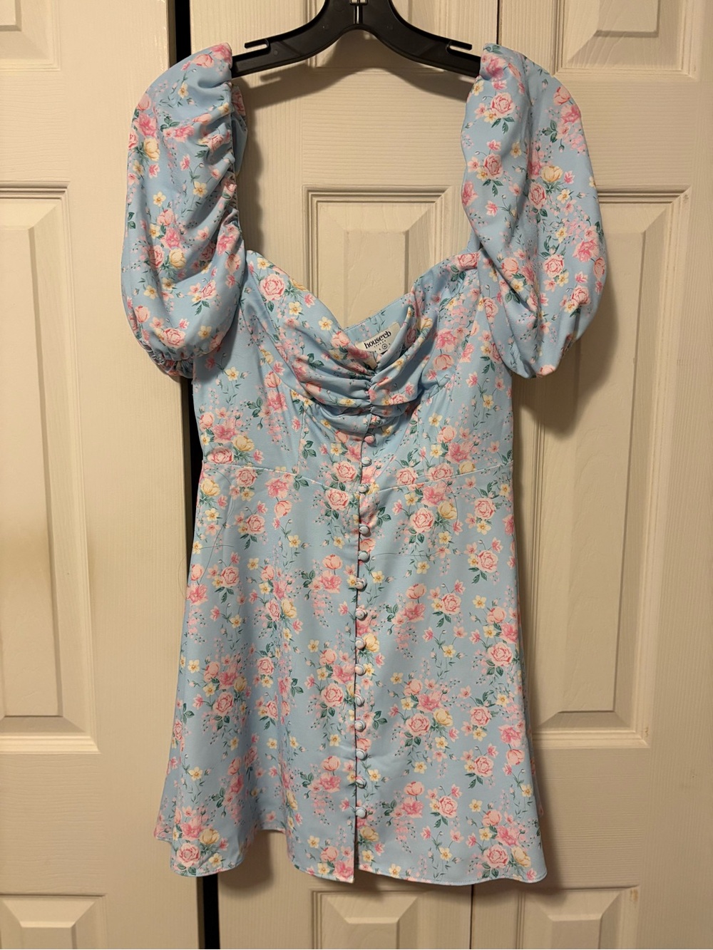 House of CB Light Blue Floral Puff Sleeve Mini Dress